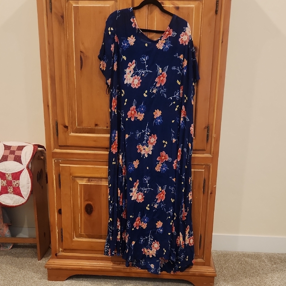 Woman Within Blue Pink Dolman Sleeve Maxi Dress